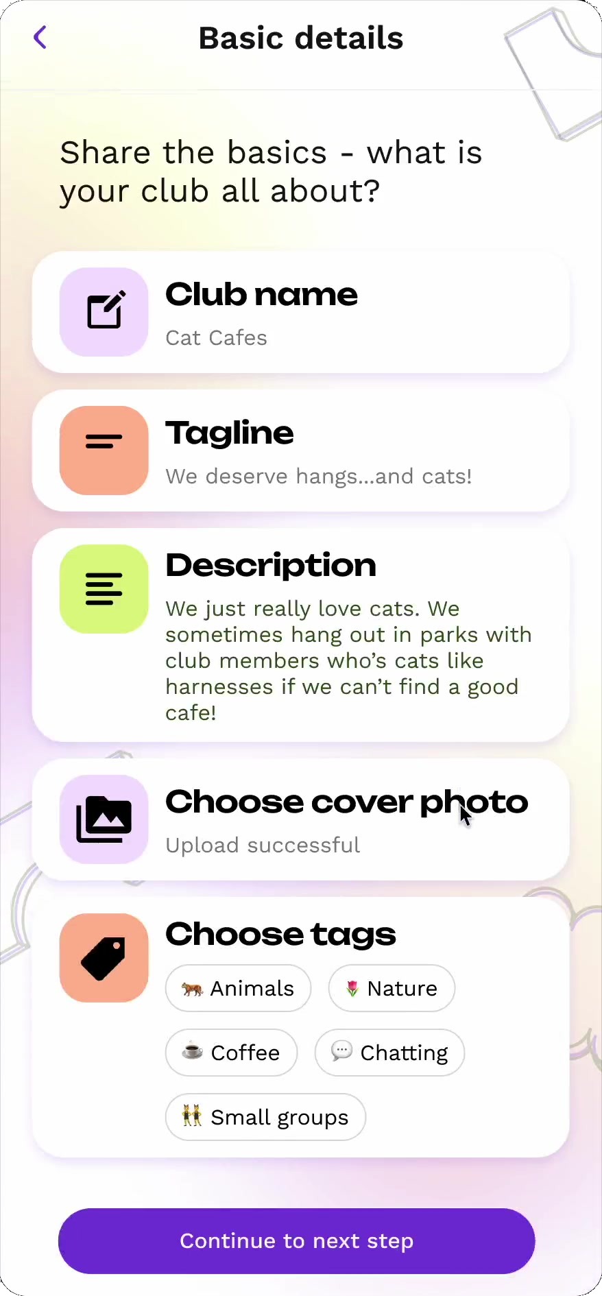 Builder reviewing club name, tagline, description, cover photo, and tags