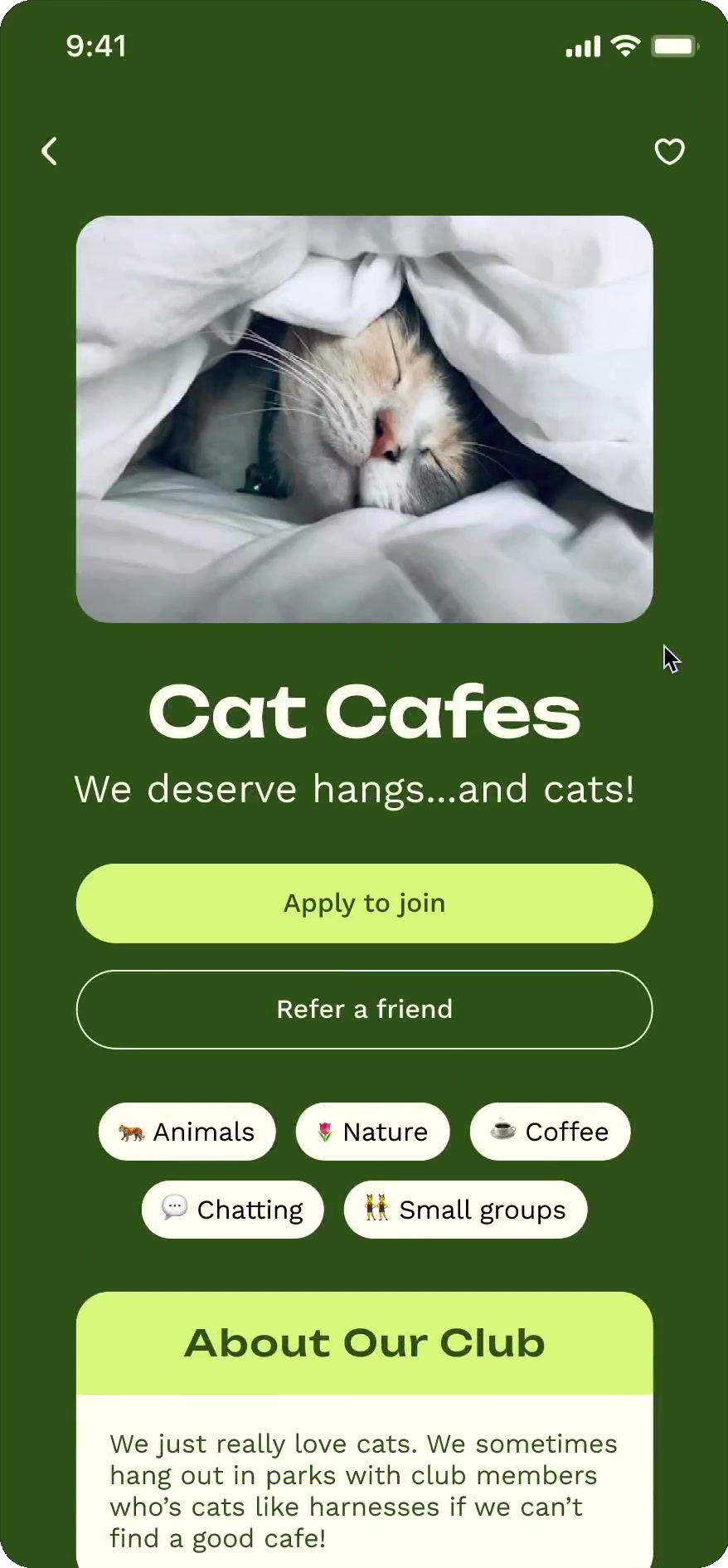 Joiner viewing the Cat Cafes club profile with photos, interest tags, and an about section