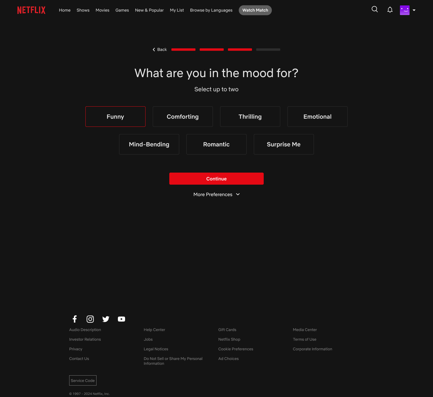Netflix solo mood selection screen