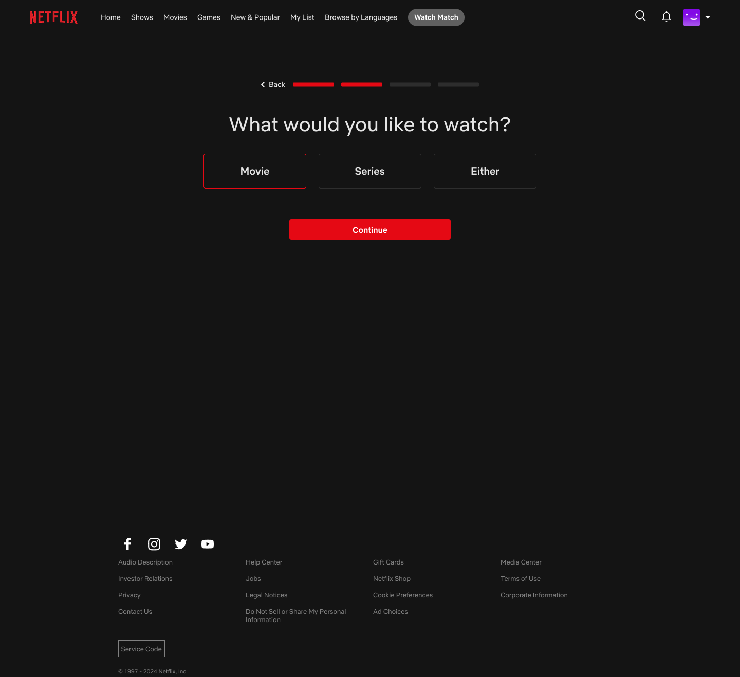 Choose movie, series, or either