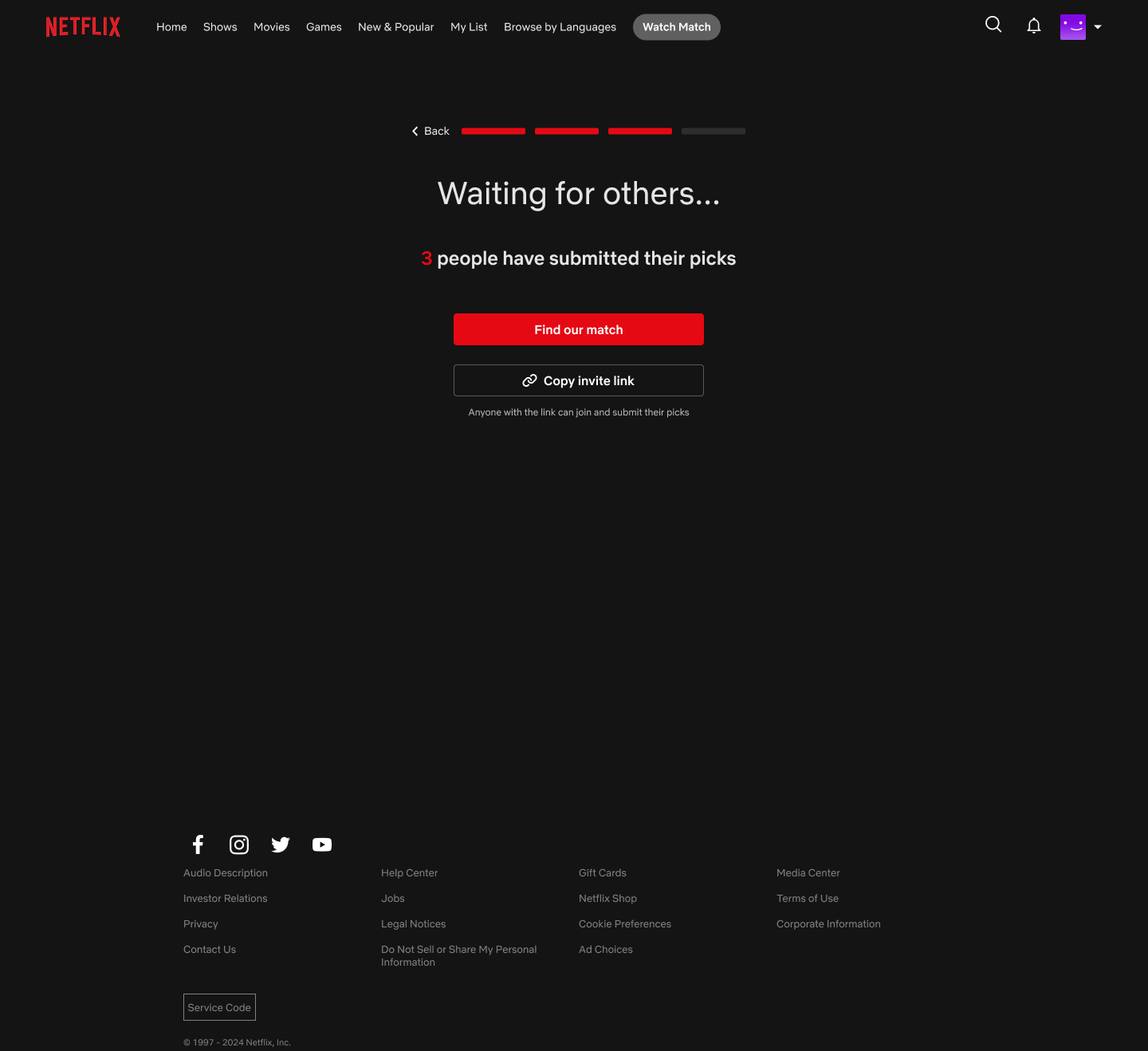 Netflix group waiting screen showing submitted preferences